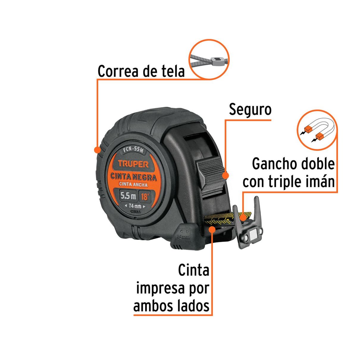 TRUPER - Wincha cinta negra 5.5 m cinta 19 mm Truper