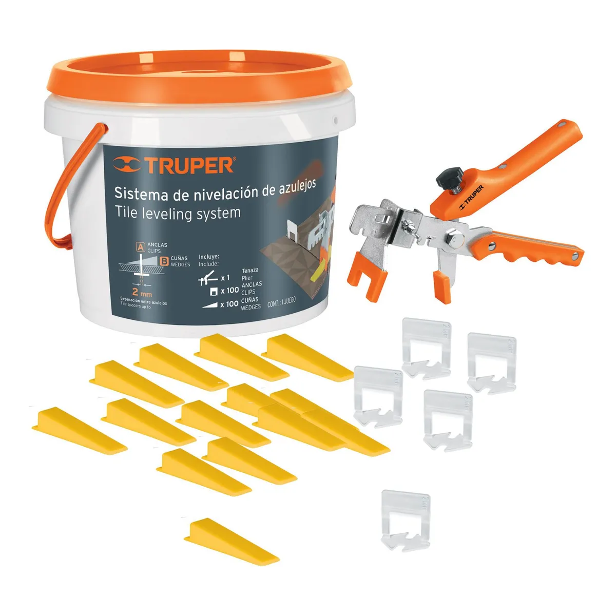 TRUPER - Kit cuña nivelador de porcelanato,  clips, alicate - Balde Truper
