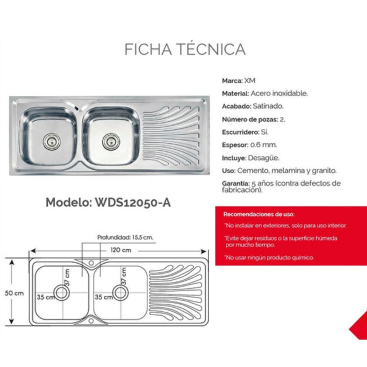 GENERICO - Lavadero de cocina 2 pozas con escurridero Acero Inoxidable WDS12050A