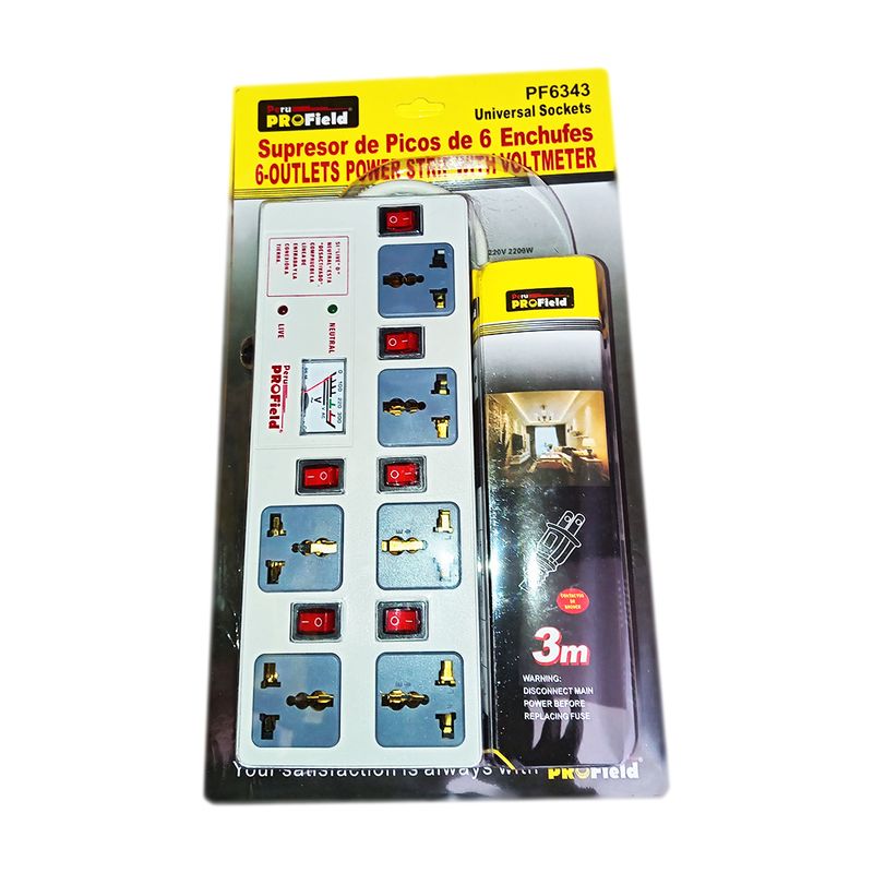 GENERICO - EXTENSION Supresor de picos 6 Salidas Independientes y VOLTIMETRO