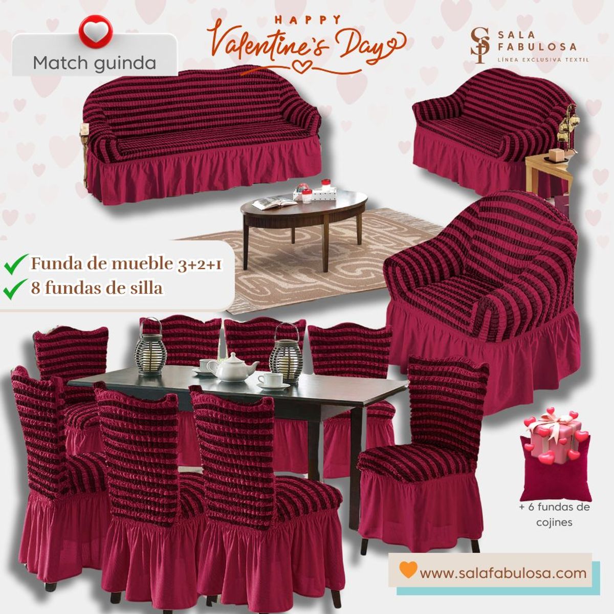 SALA FABULOSA - Pack Funda de mueble 3-2-1 con 8 fundas de silla burbuja Guinda