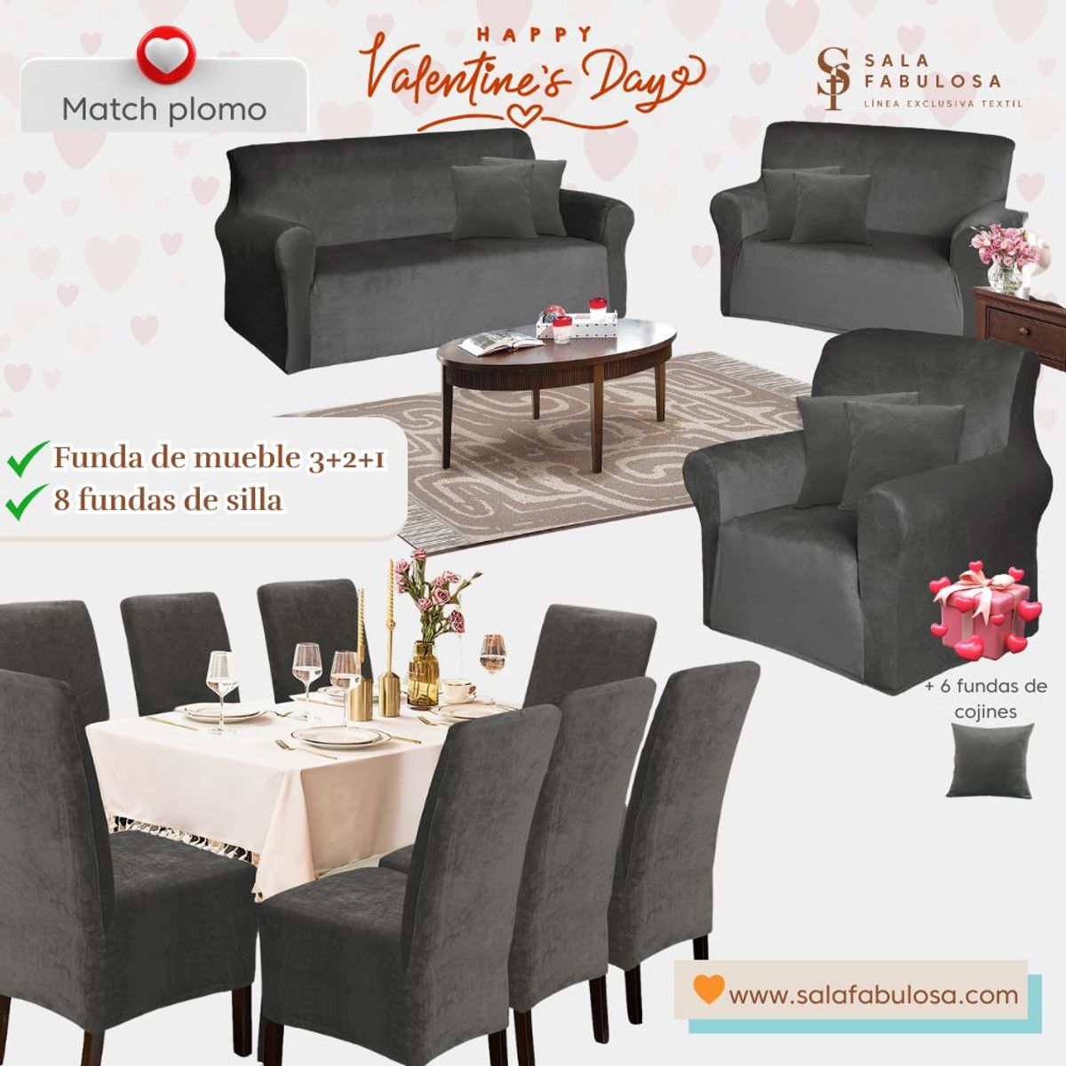 SALA FABULOSA - Pack Funda de mueble 3-2-1 con 8 fundas de silla terciopelo PLOMO