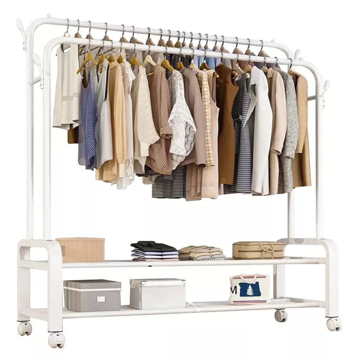 GENERICO - PERCHERO COLGADOR DOBLE ORGANIZADOR DE 2 REPISAS CON RUEDAS PREMIUM