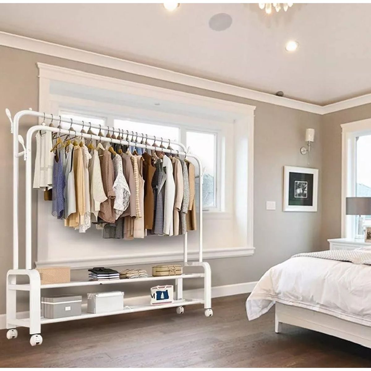 GENERICO - PERCHERO COLGADOR DOBLE ORGANIZADOR DE 2 REPISAS CON RUEDAS PREMIUM