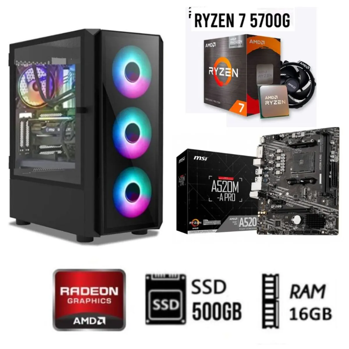 AMD - Computadora GAMER  PC Ryzen 7-5700G Ram 16GB  Disco Solido SSD 500GB CASE RGB
