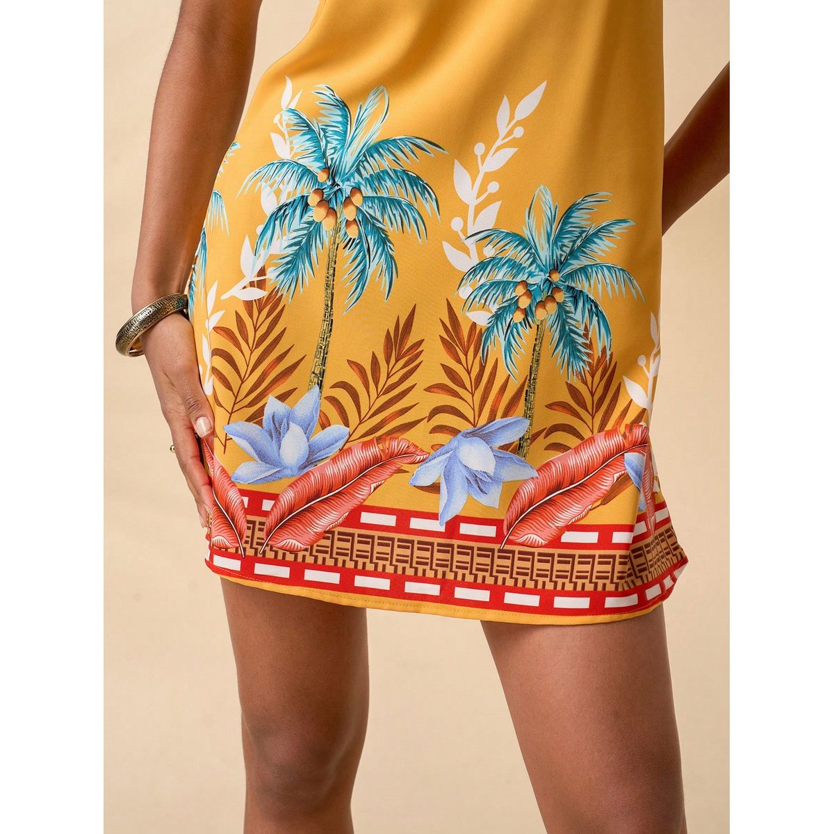 KAST PE - Vestido Farella con diseño de palmeras amarillo Talla M