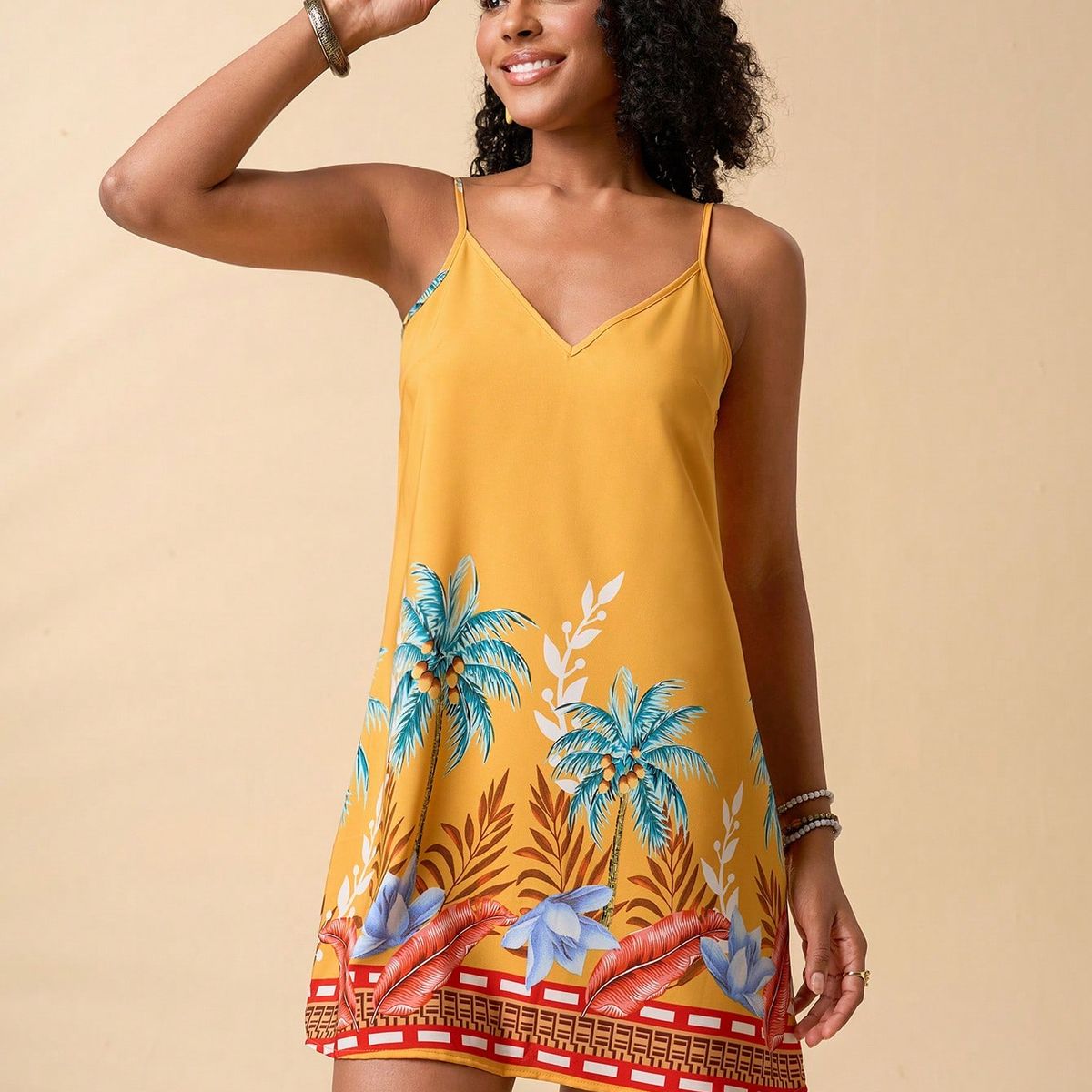 KAST PE - Vestido Farella con diseño de palmeras amarillo Talla M