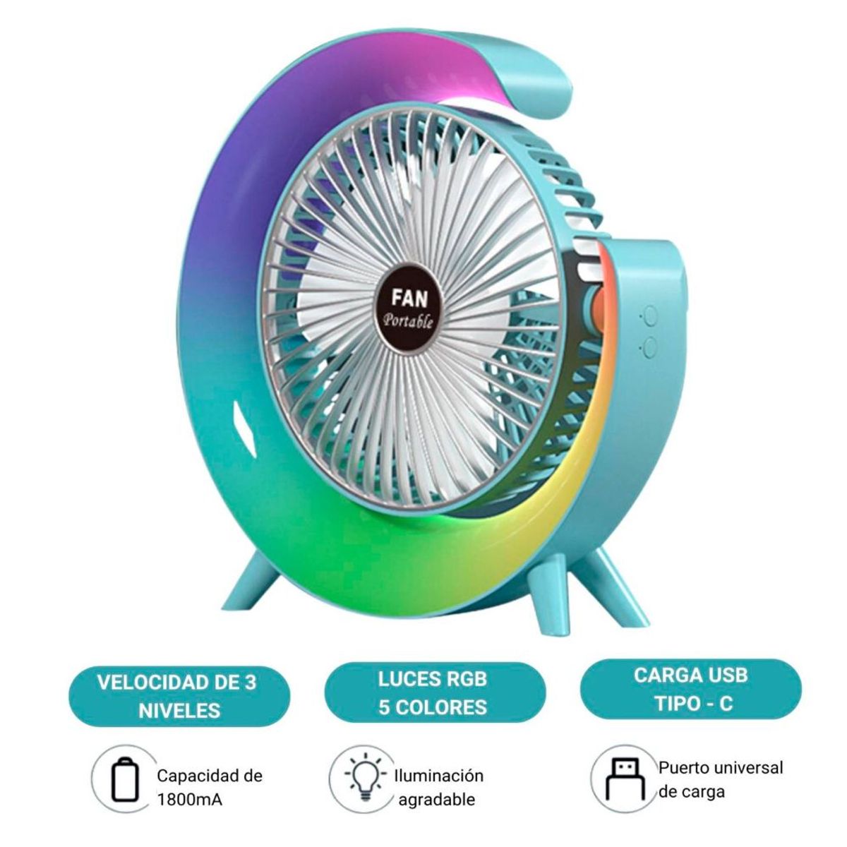 SEISA - Ventilador De Mesa Escitorio Lámpara Portátil Luces RGB Con forma de G