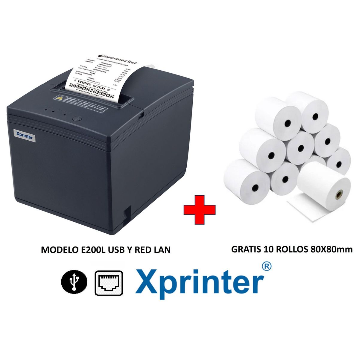 XPRINTER - Impresora ticketera termica 80mm USB RED LAN  RJ45 XPRINTER Y 10 Rollos