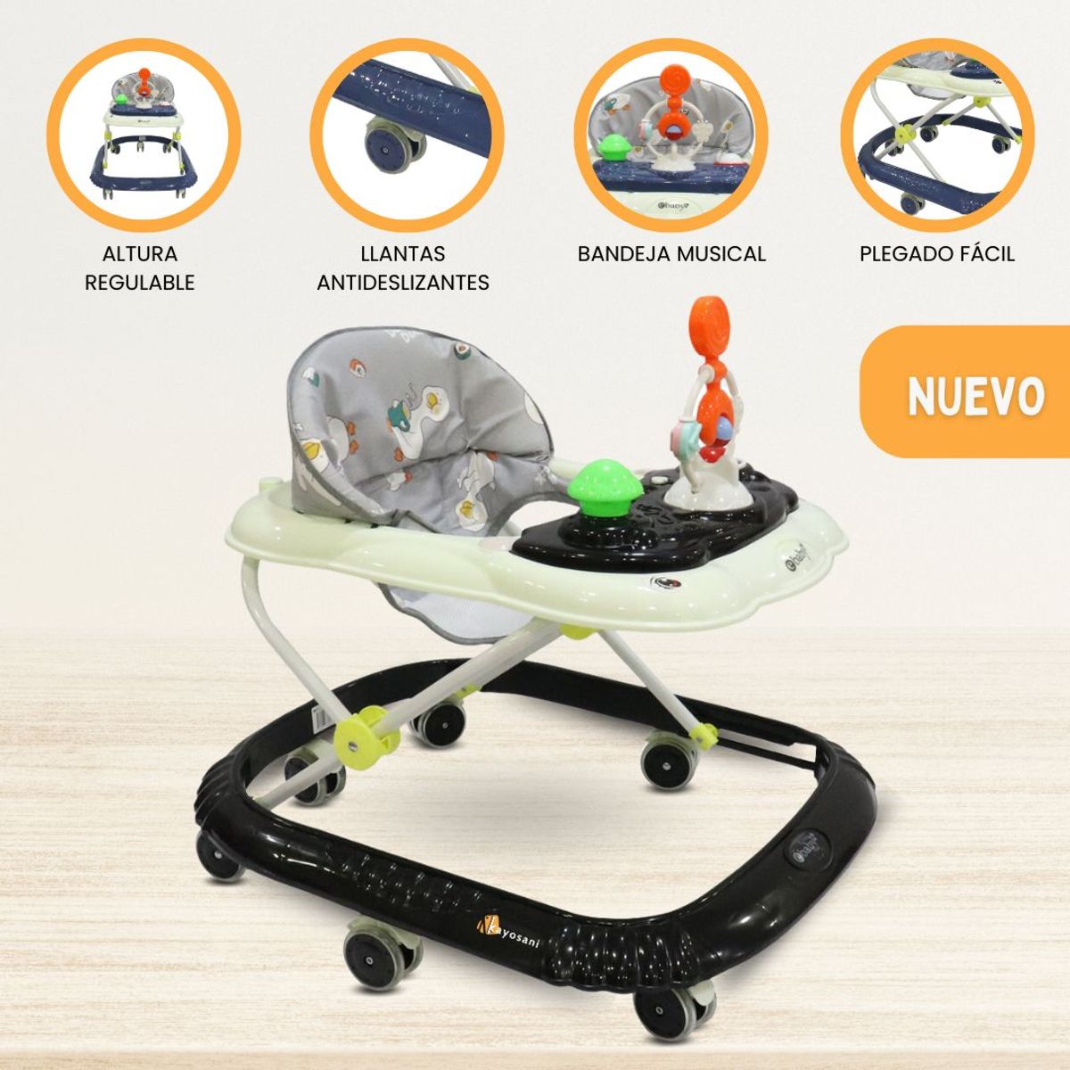 EBABY - Andador con bandeja divertida para Bebés «CRISTAL» Black