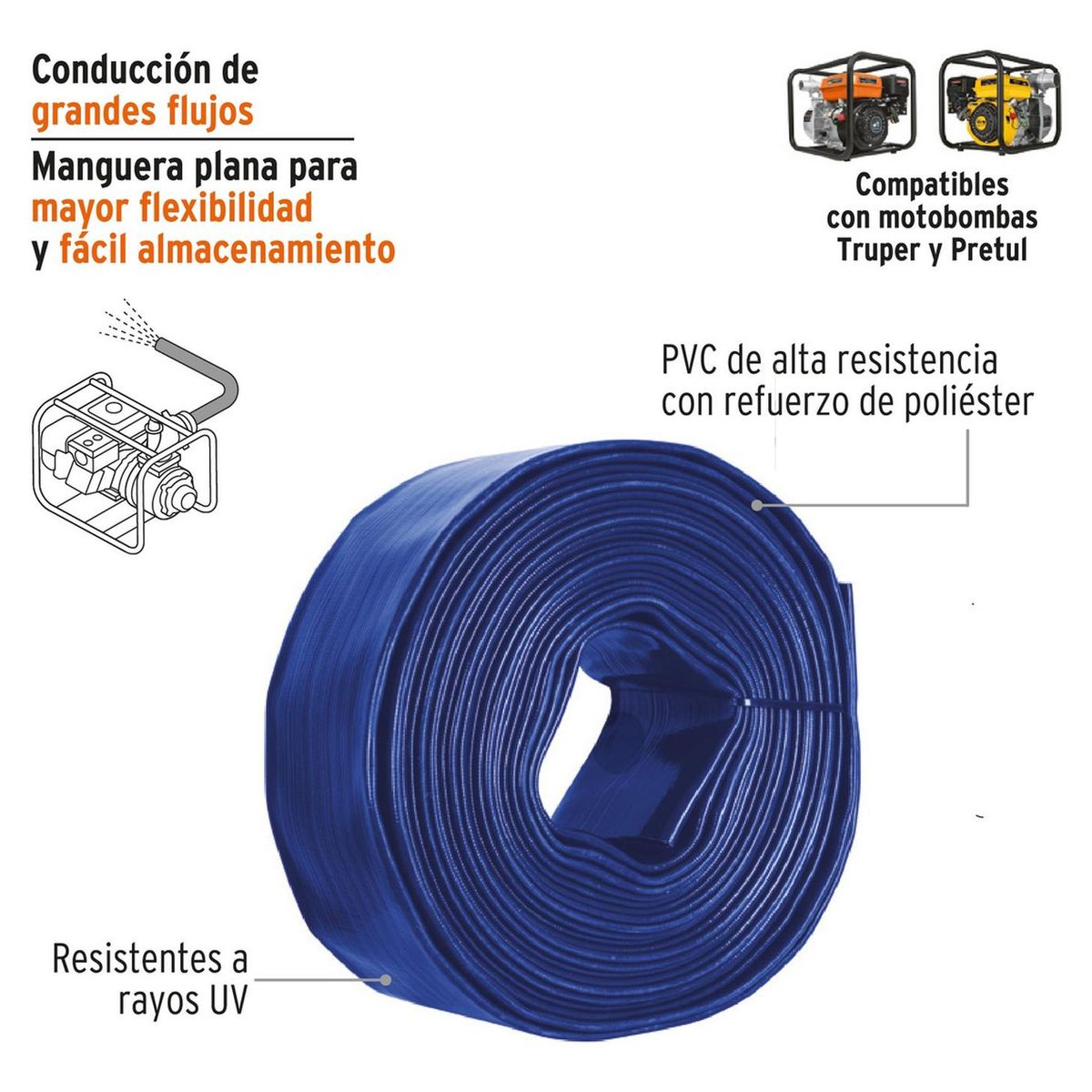 TRUPER - Rollo de manguera plana de 2 x 50m de descarga pmotobomba Truper