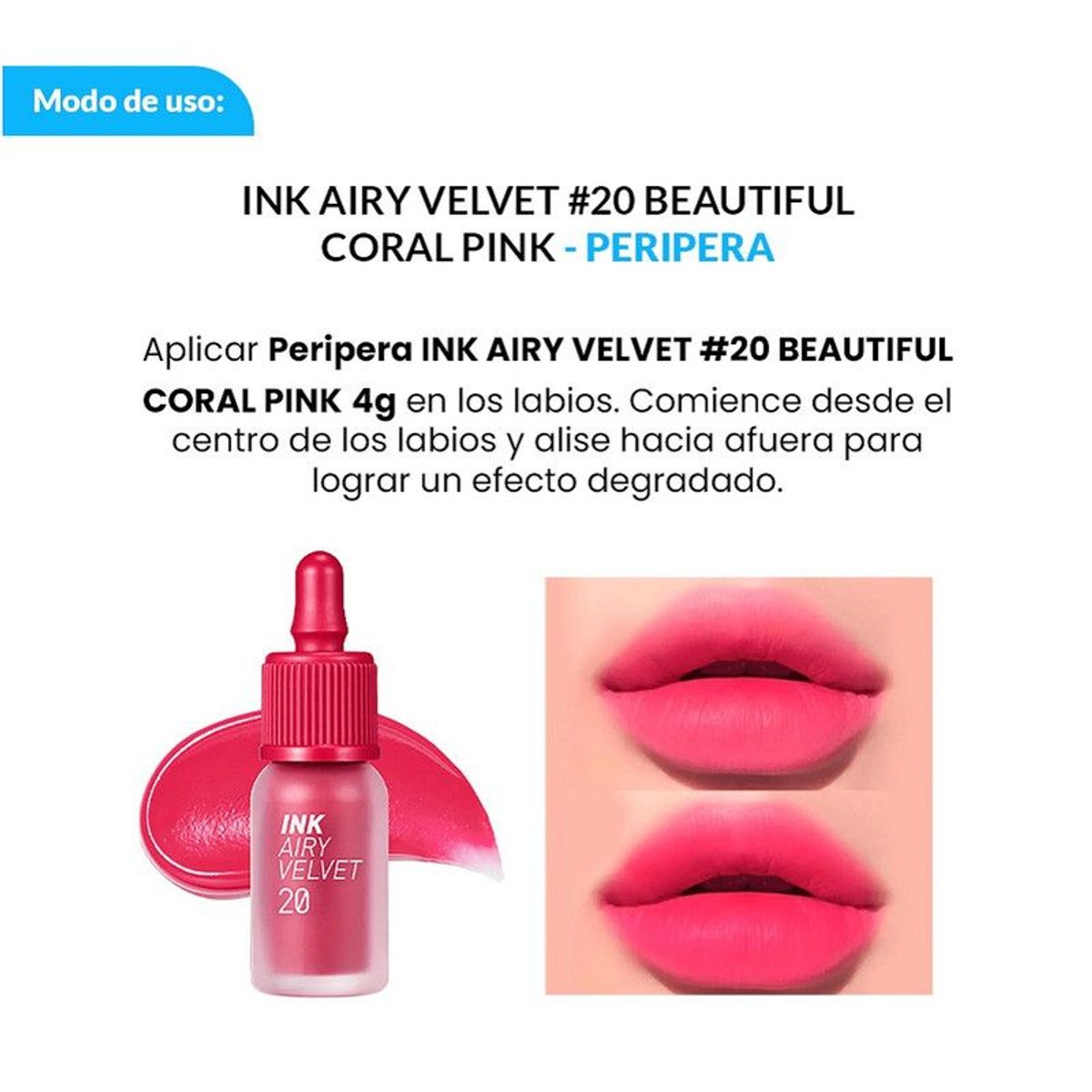 PERIPERA - 2 TINTA DE LABIOS INK AIRY VELVET N°20 BEAUTIFUL CORAL PINK