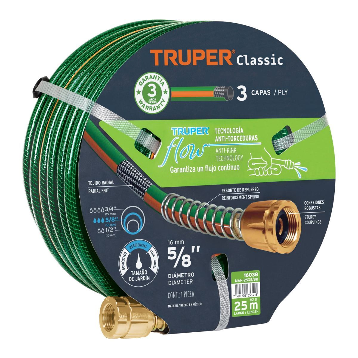 TRUPER - Manguera de Riego 5/8" Reforzada 25 metros con Conexiones de Metal