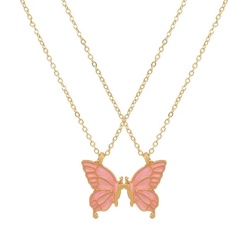 GENERICO - Set x 2 collares mariposas doradas y rosadas para mejores amigas