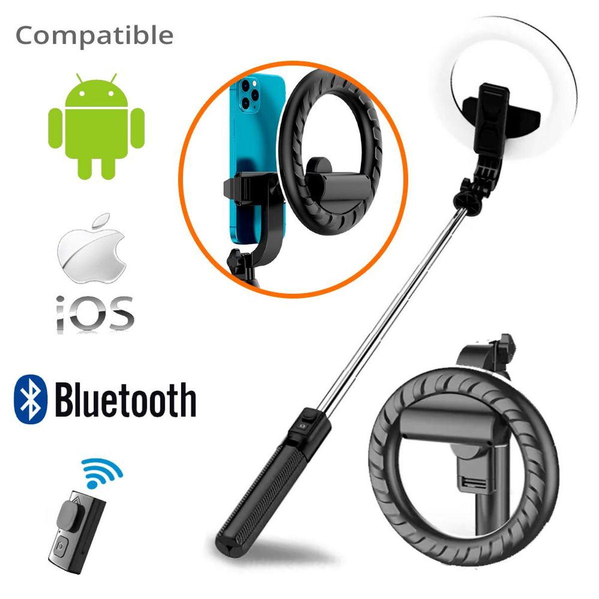 SEISA - Tripode Bluetooth Selfie Stick Para Lives Stream y Grabaciones Negro