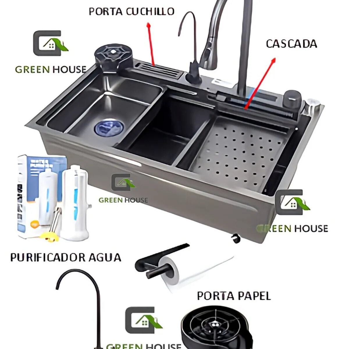 GENERICO - LAVADERO DE COCINA PORTA CUCHILLO MULTIFUNCIONAL 2 TECLAS ACERO NEGRO