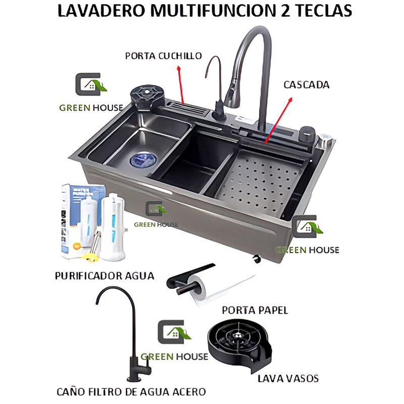 GENERICO - LAVADERO DE COCINA PORTA CUCHILLO MULTIFUNCIONAL 2 TECLAS ACERO NEGRO