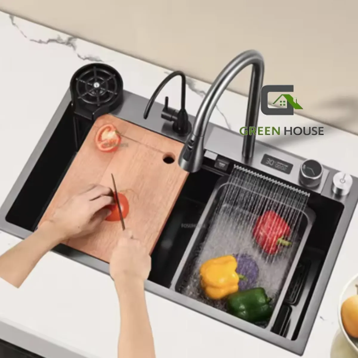 GENERICO - LAVADERO DE COCINA PORTA CUCHILLO MULTIFUNCIONAL 2 TECLAS ACERO NEGRO