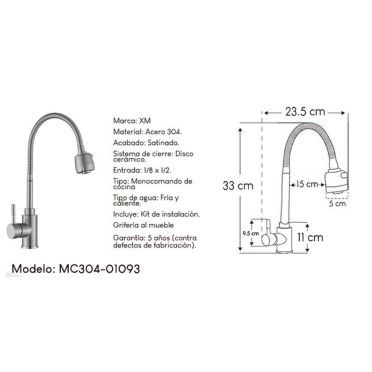 GENERICO - Mezcladora de cocina Satinado MC304-01093 Acero Inoxidable
