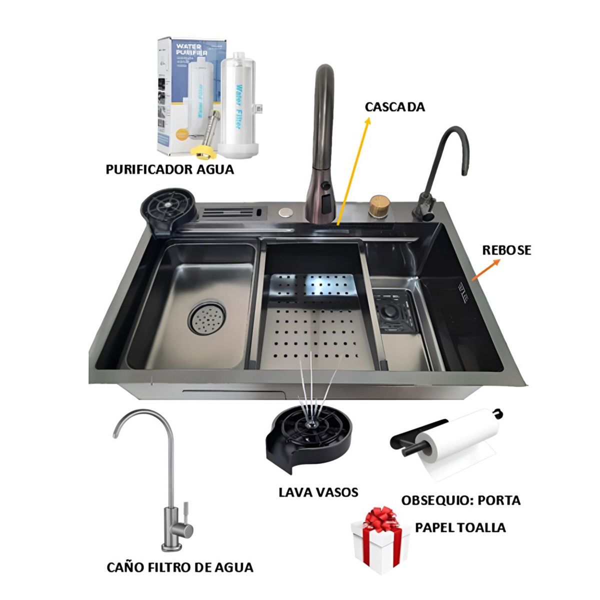 GREEN HOUSE - LAVADERO 75x46x23CM DE COCINA PORTA CUCHILLO ACERO NEGRO