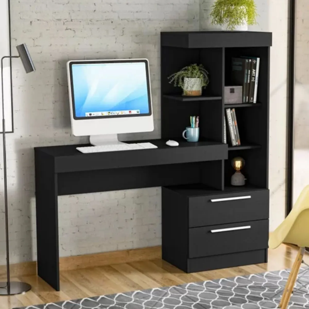 TU MESITA - Escritorio Moderno Con Estantes Brenda Negro 2 Cajones TU MESITA