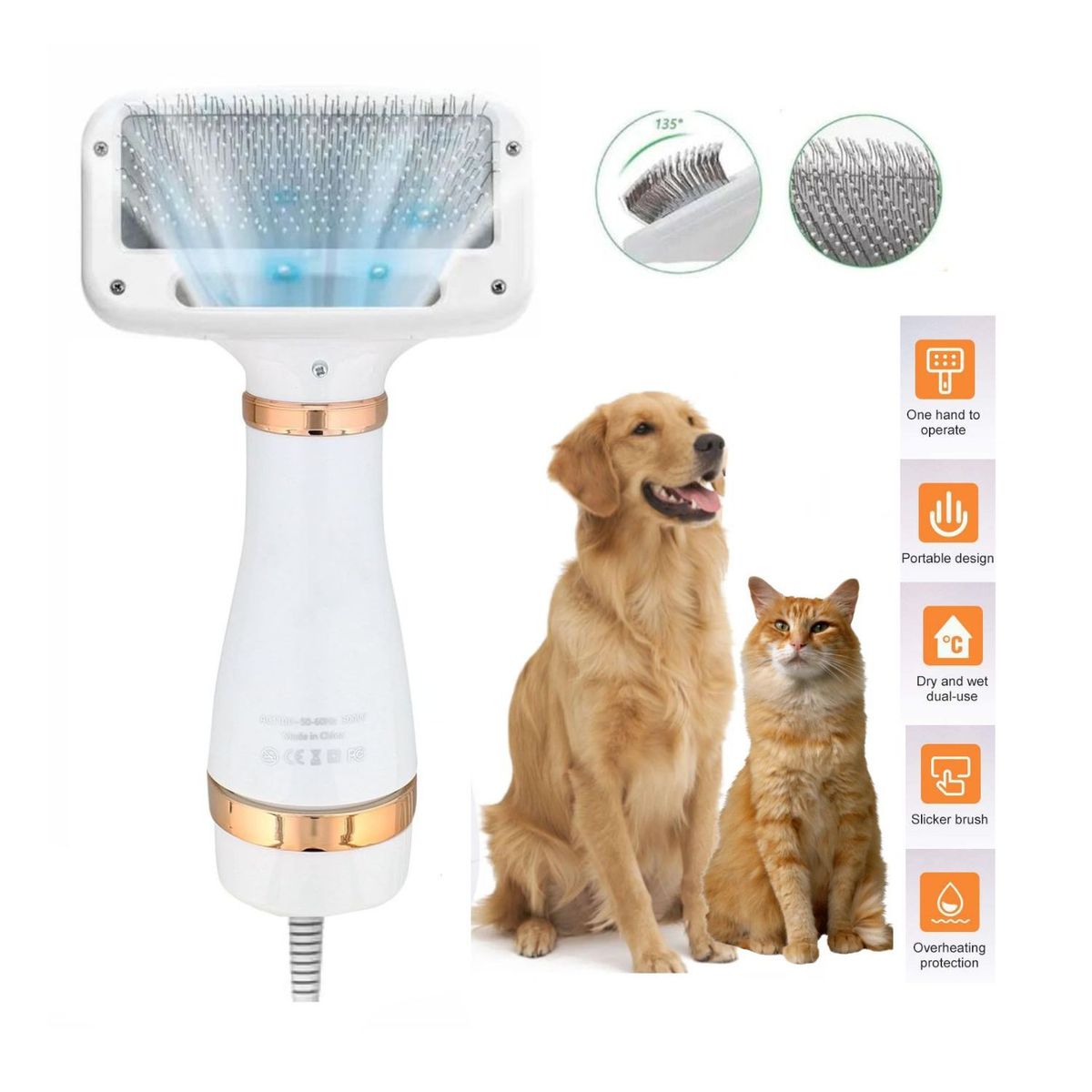 ROSH - Cepillo Secador 2 en 1 para Mascotas Gatos Perros