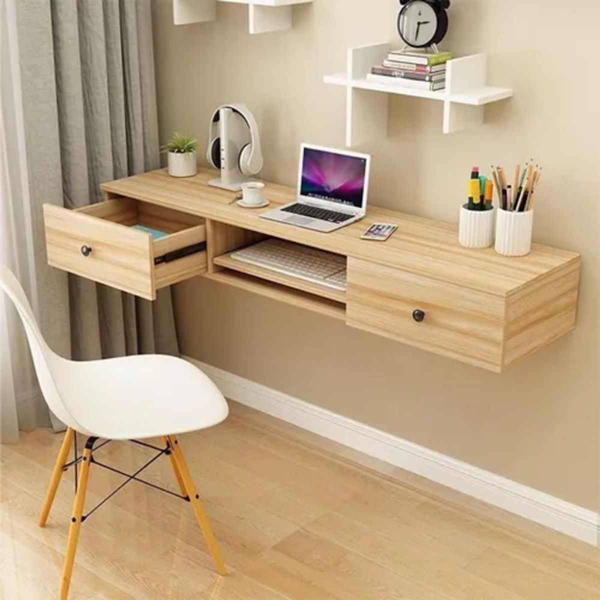 TU MESITA - Escritorio Flotante moderno 2 cajones Leonidas color Duna TU MESITA