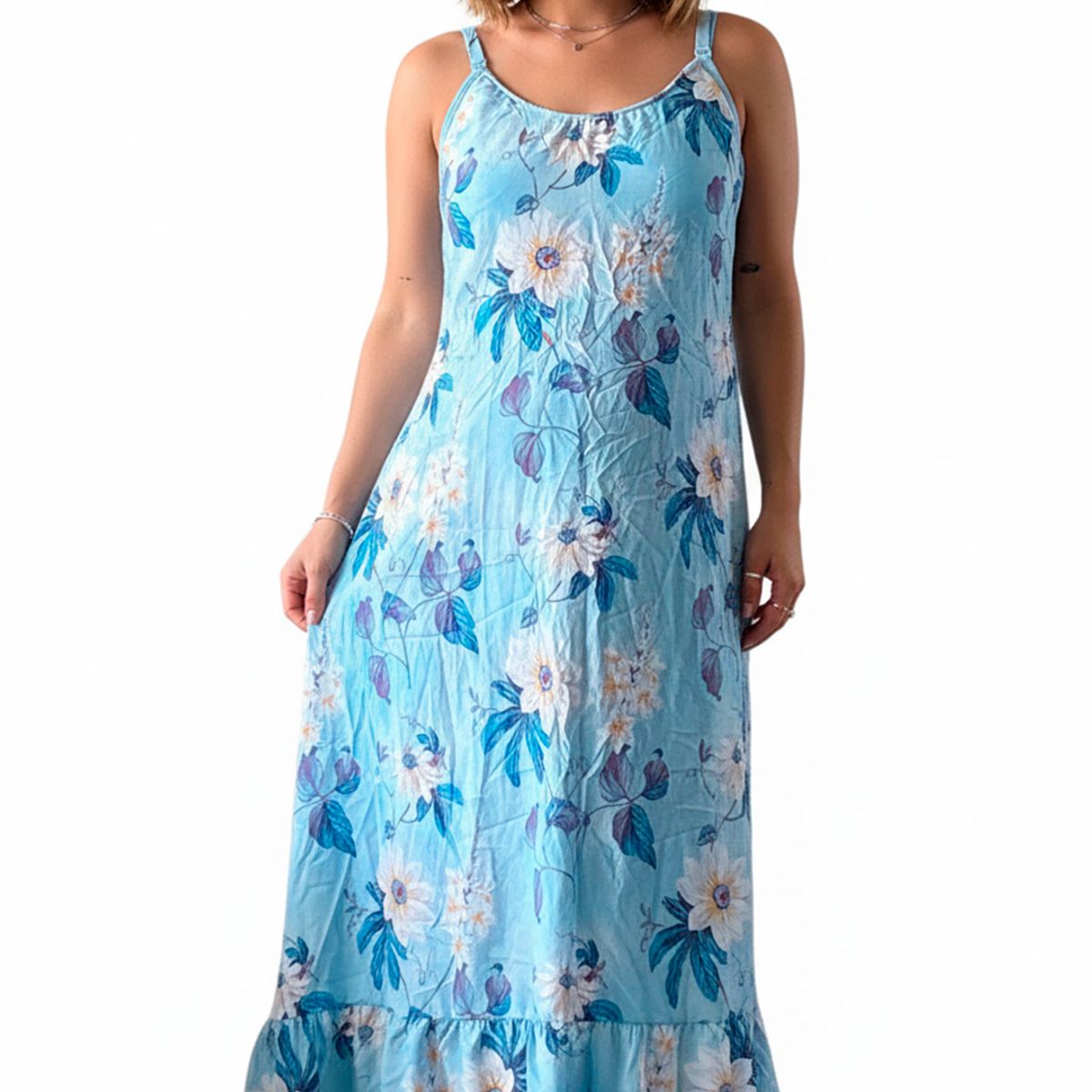 GENERICO - Vestido Maternal Tiritas Broche y Top Lactancia CelesteFlores