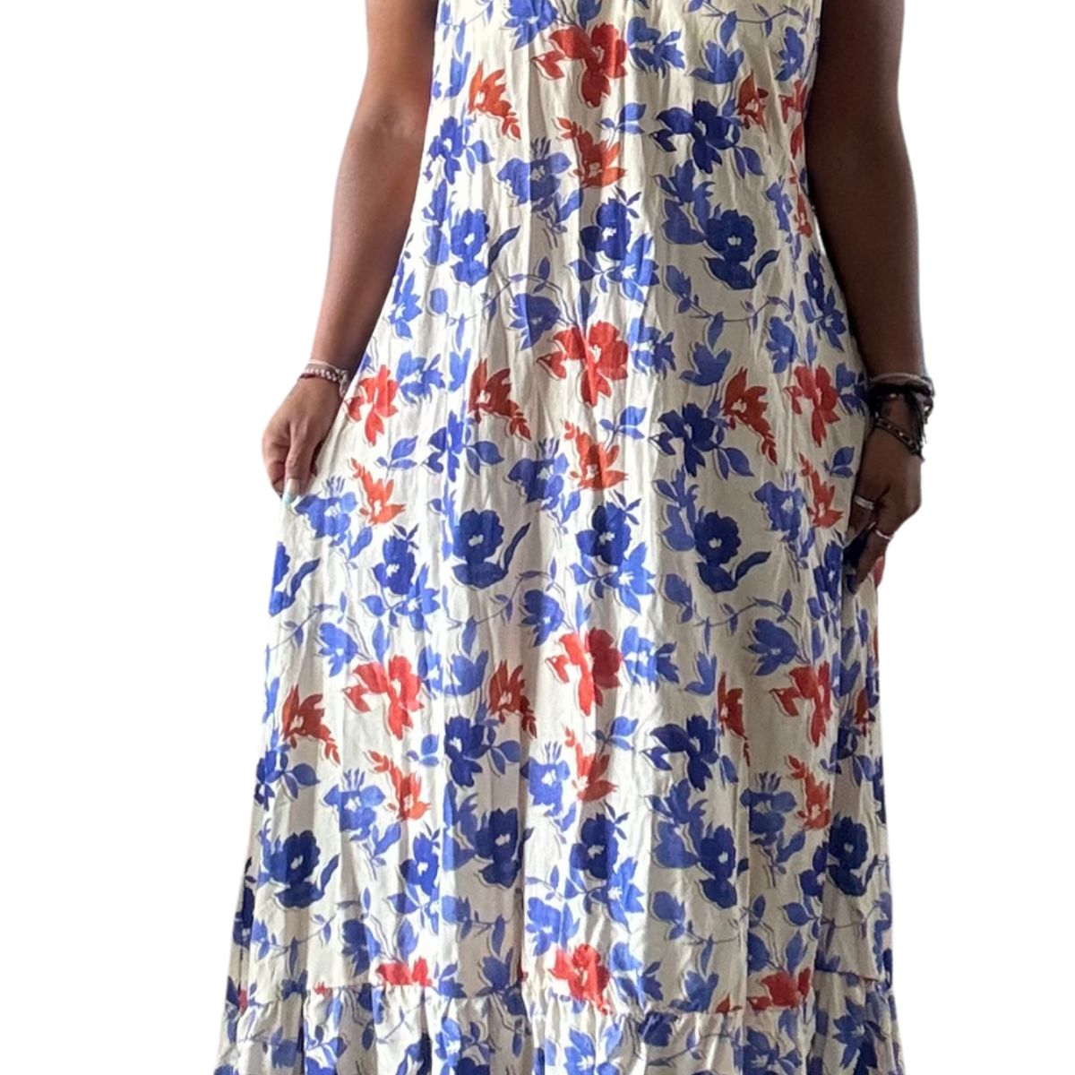 GENERICO - Vestido Maternal Tiritas Broche y Top Lactancia CremaFloresAzul