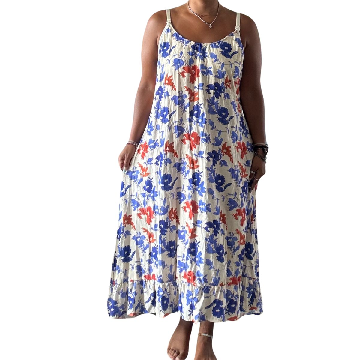 GENERICO - Vestido Maternal Tiritas Broche y Top Lactancia CremaFloresAzul