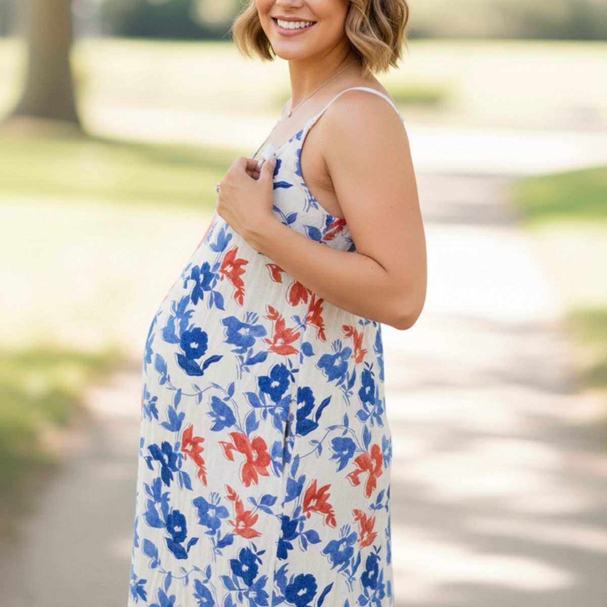 GENERICO - Vestido Maternal Tiritas Broche y Top Lactancia CremaFloresAzul