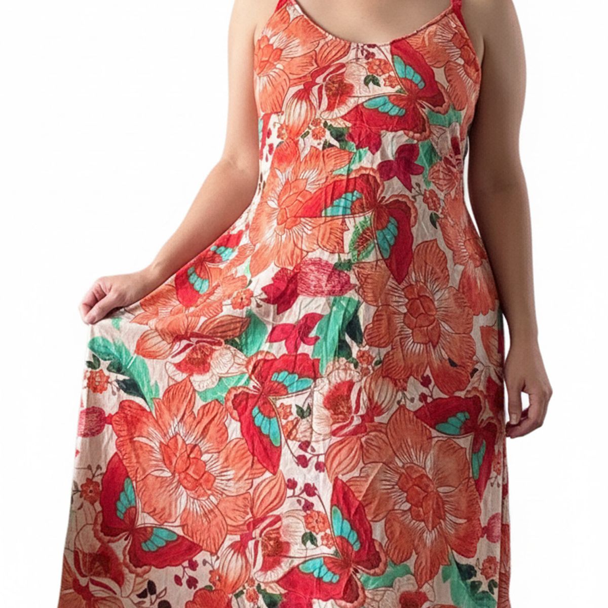 GENERICO - Vestido Maternal Tiritas Broche y Top Lactancia NaranjaFloresBlanca