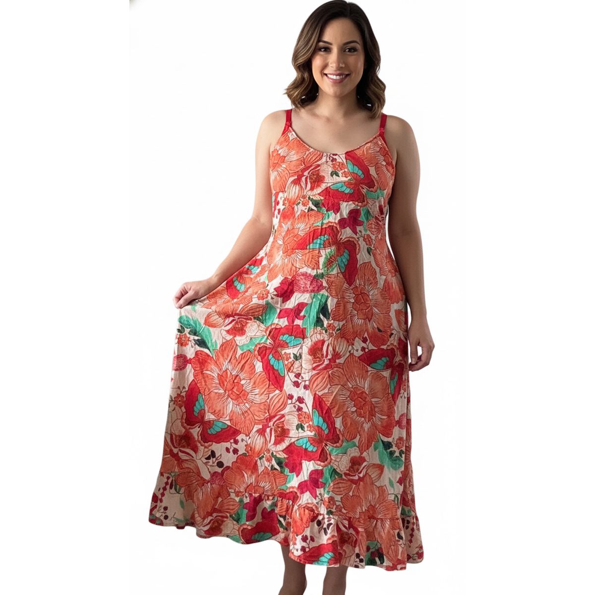 GENERICO - Vestido Maternal Tiritas Broche y Top Lactancia NaranjaFloresBlanca