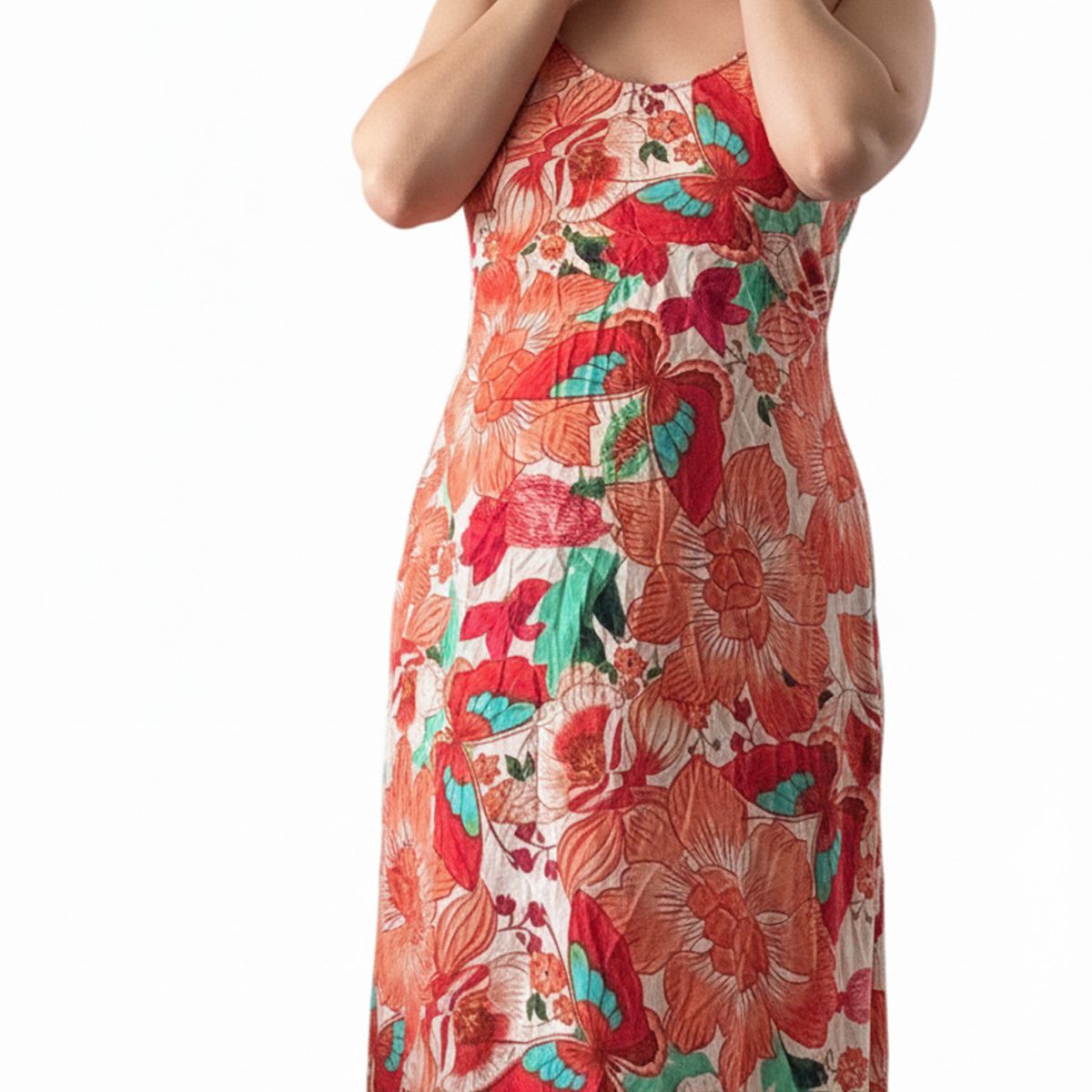 GENERICO - Vestido Maternal Tiritas Broche y Top Lactancia NaranjaFloresBlanca