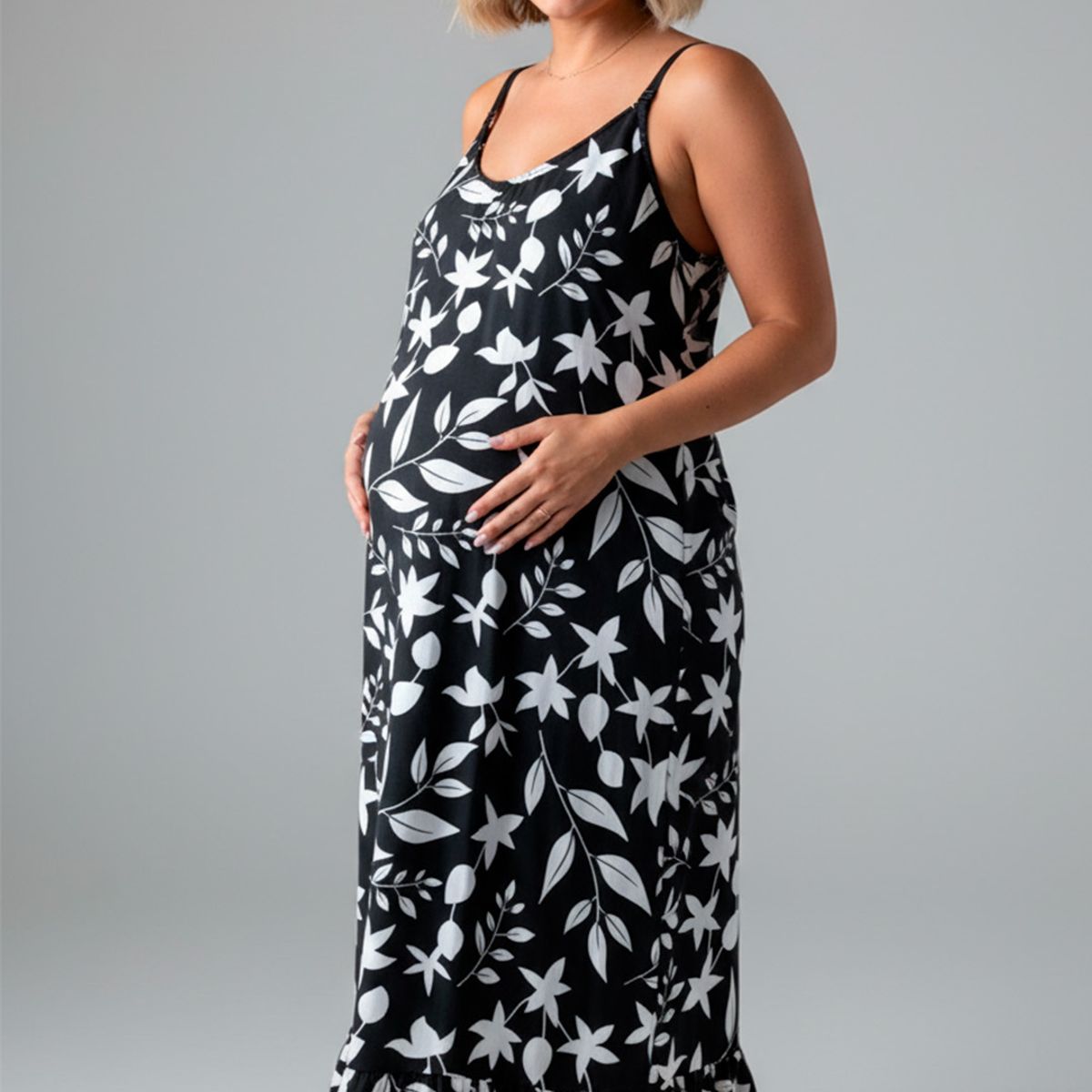 GENERICO - Vestido Maternal Tiritas Broche y Top Lactancia NegroFloresBlanca