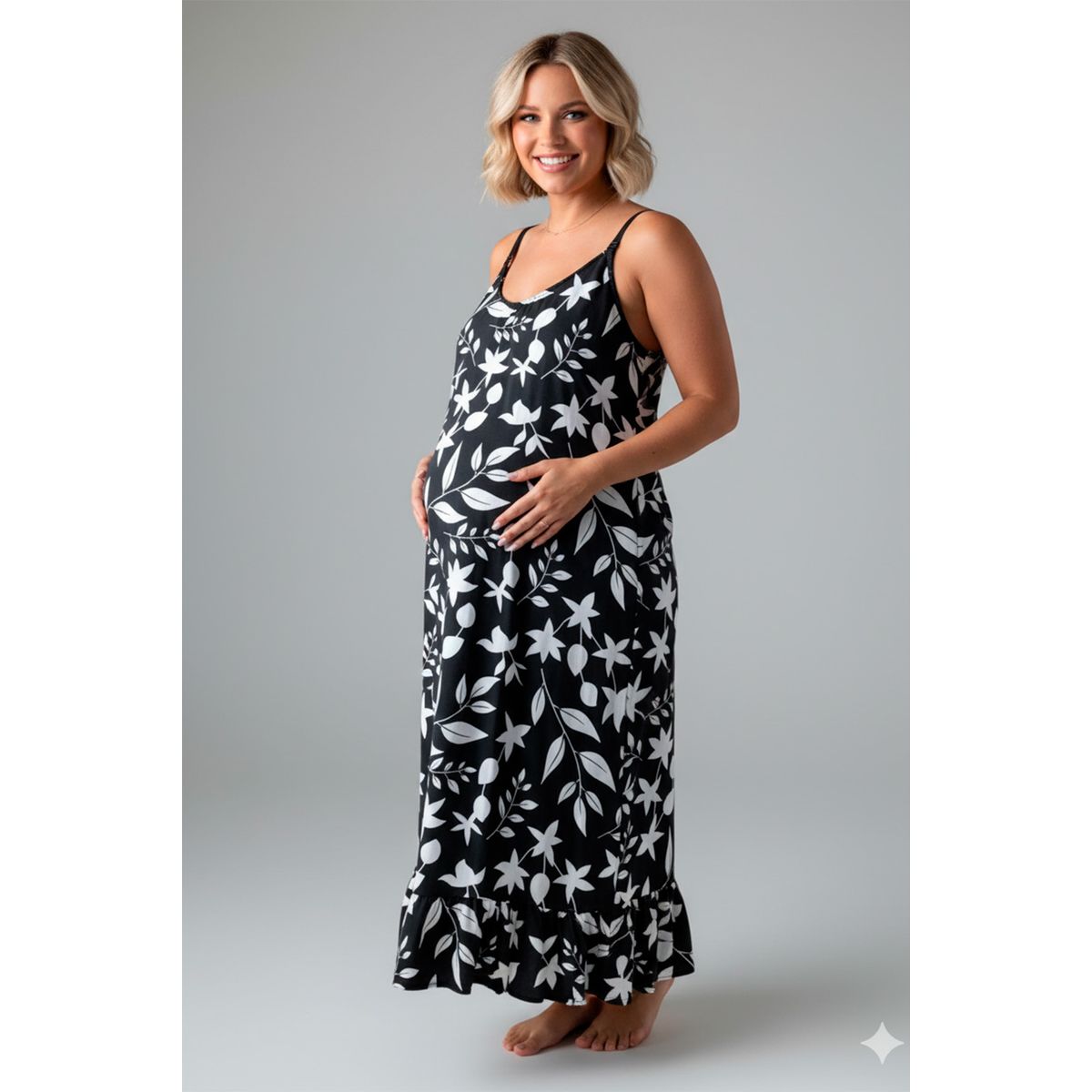 GENERICO - Vestido Maternal Tiritas Broche y Top Lactancia NegroFloresBlanca