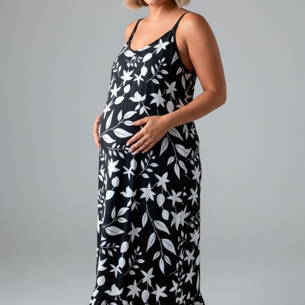 GENERICO - Vestido Maternal Tiritas Broche y Top Lactancia NegroFloresBlanca