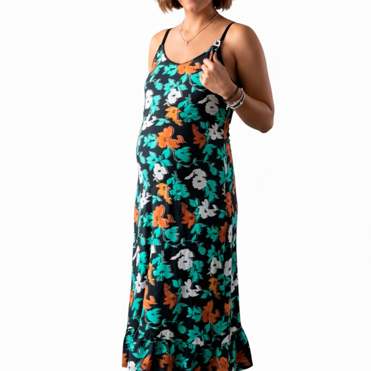 GENERICO - Vestido Maternal Tiritas Broche y Top Lactancia NegroFloresTurquesa