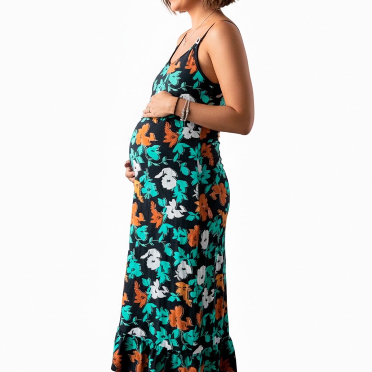 GENERICO - Vestido Maternal Tiritas Broche y Top Lactancia NegroFloresTurquesa