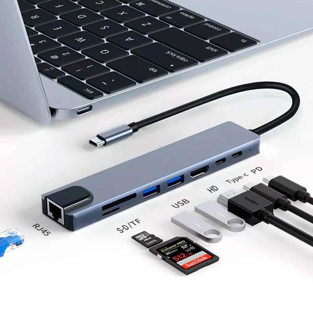 VARIOS - Adaptador 8 en 1 USB C a HDMI 4K Lan RJ45, 2xUSB 3.0, PD, USB C, SD TF