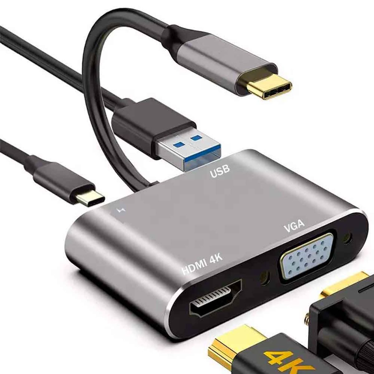 VARIOS - Adaptador 4 en 1 USB C a HDMI 4K, VGA, USB 3.0, PD Carga