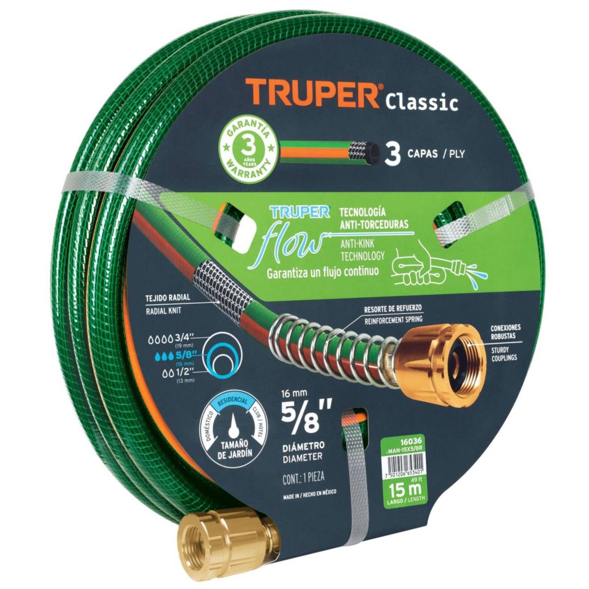 Truper - Manguera de riego 5/8" reforzada 3 capas 15 m conexiones de metal