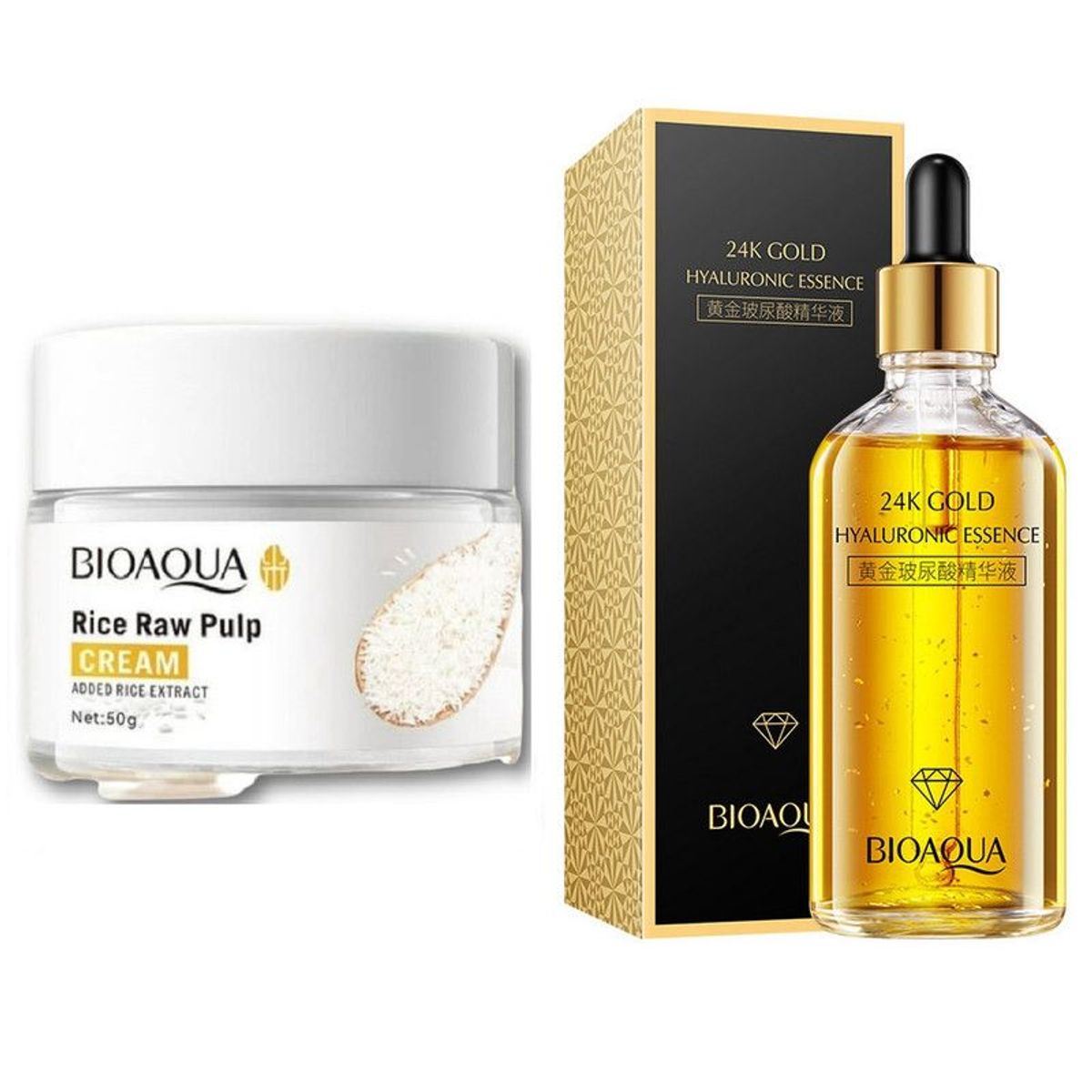BIOAQUA - PACK CREMA ACLARANTE DE ARROZ BIOAQUA Y SERUM ESENCIA ORO HIALURONICO