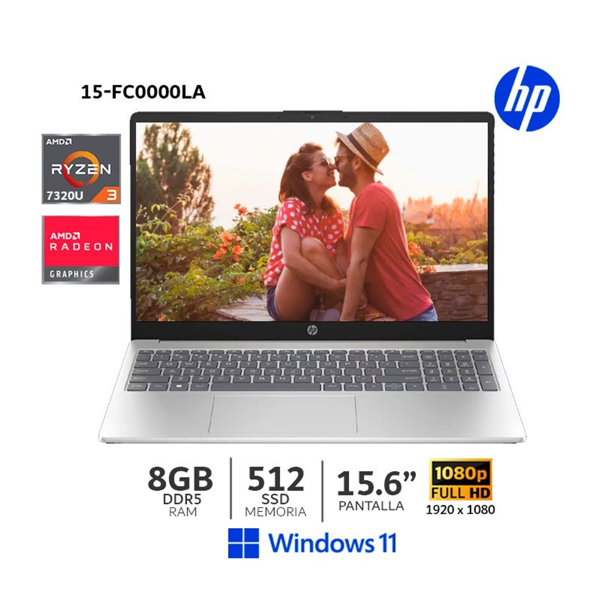 HP - Laptop HP 15-FC0000LA, AMD Ryzen 3 7320U, 8Gb DDR4, SSD 512Gb, 15.6" FHD, Color Dorado / W11H