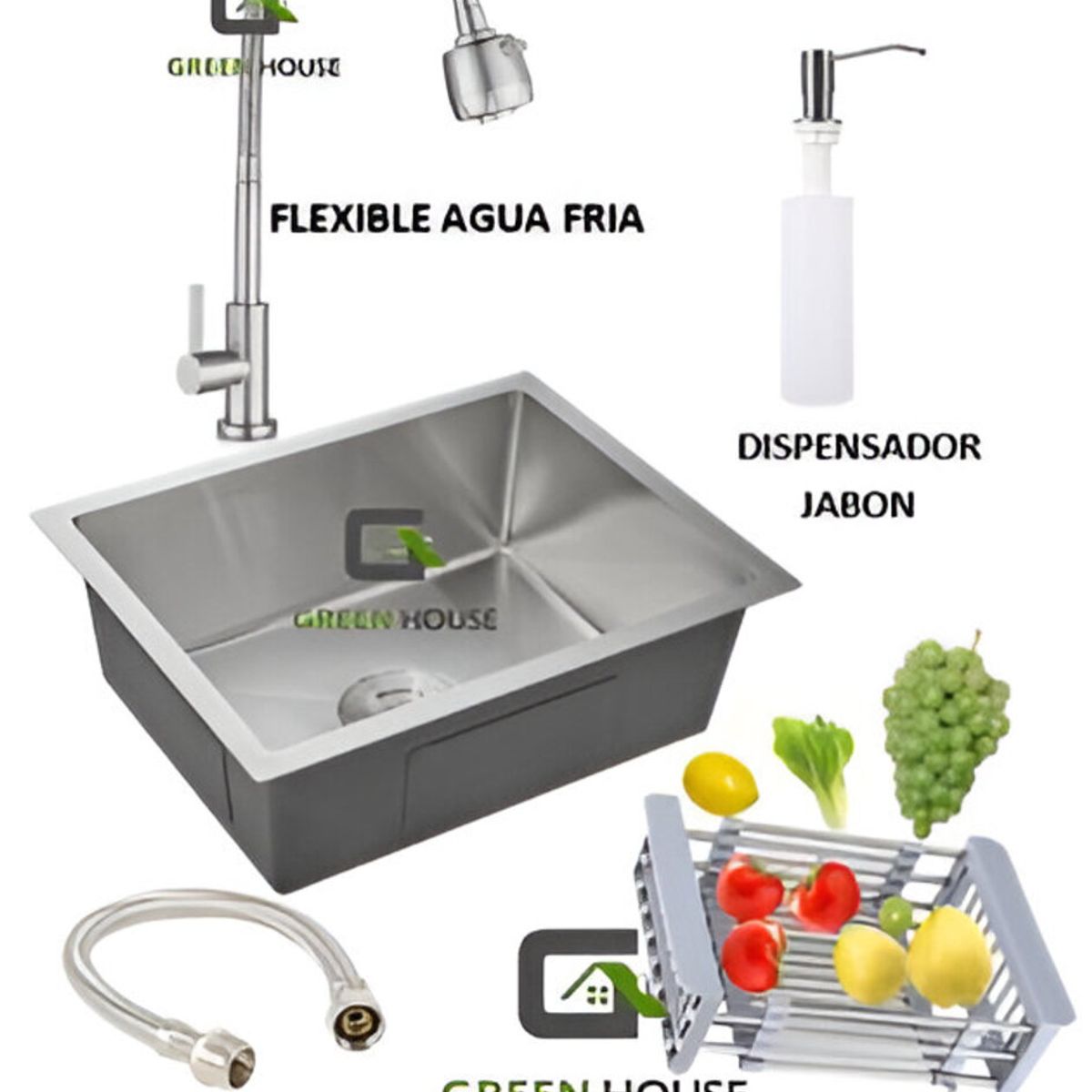 GENERICO - COMBO DE LAVADERO COCINA ACERO 44X39CM + GRIFERIA FLEXIBLE AGUA FRIA