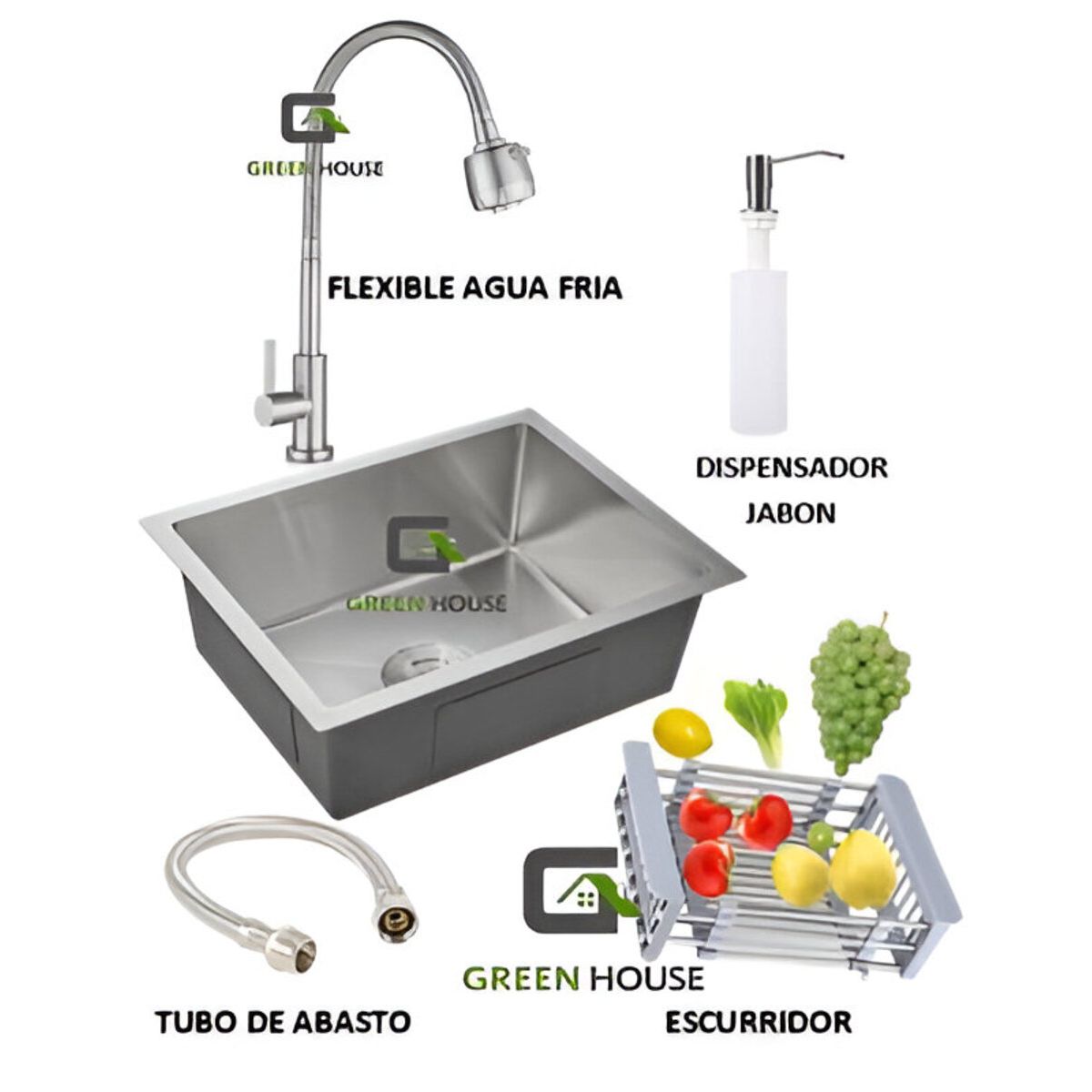 GENERICO - COMBO DE LAVADERO COCINA ACERO 44X39CM + GRIFERIA FLEXIBLE AGUA FRIA