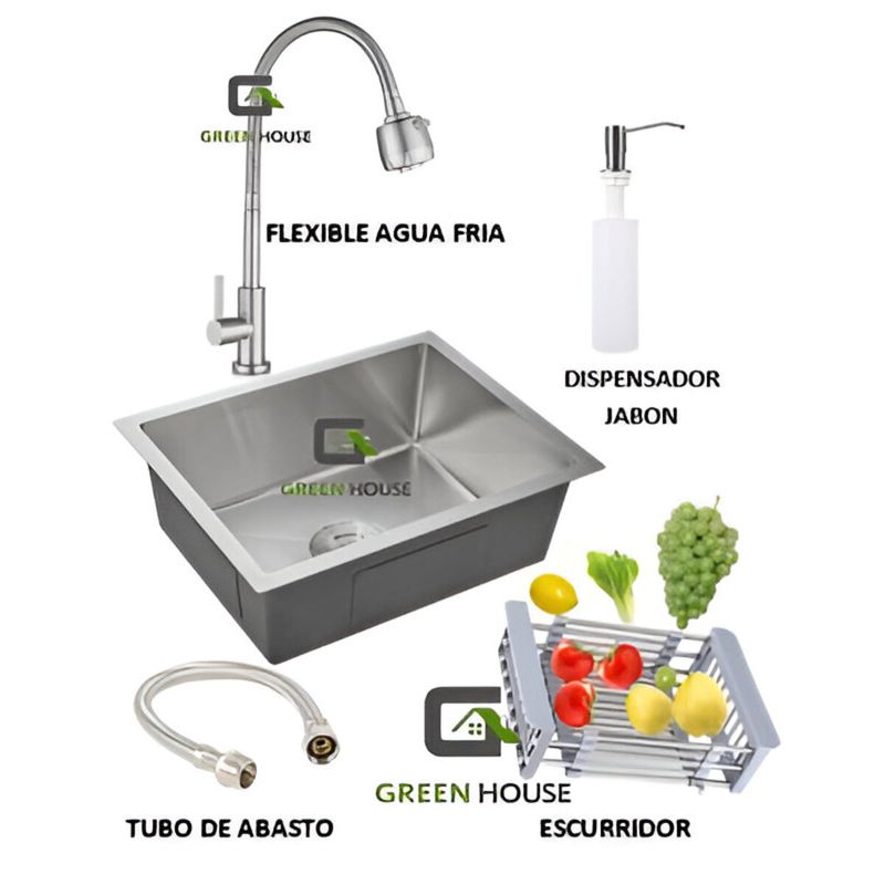 GENERICO - COMBO DE LAVADERO COCINA ACERO 44X39CM + GRIFERIA FLEXIBLE AGUA FRIA