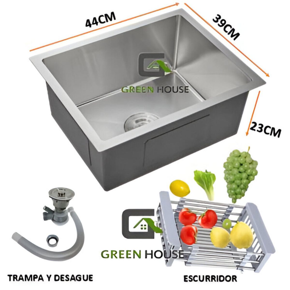 GENERICO - COMBO DE LAVADERO COCINA ACERO 44X39CM + GRIFERIA FLEXIBLE AGUA FRIA