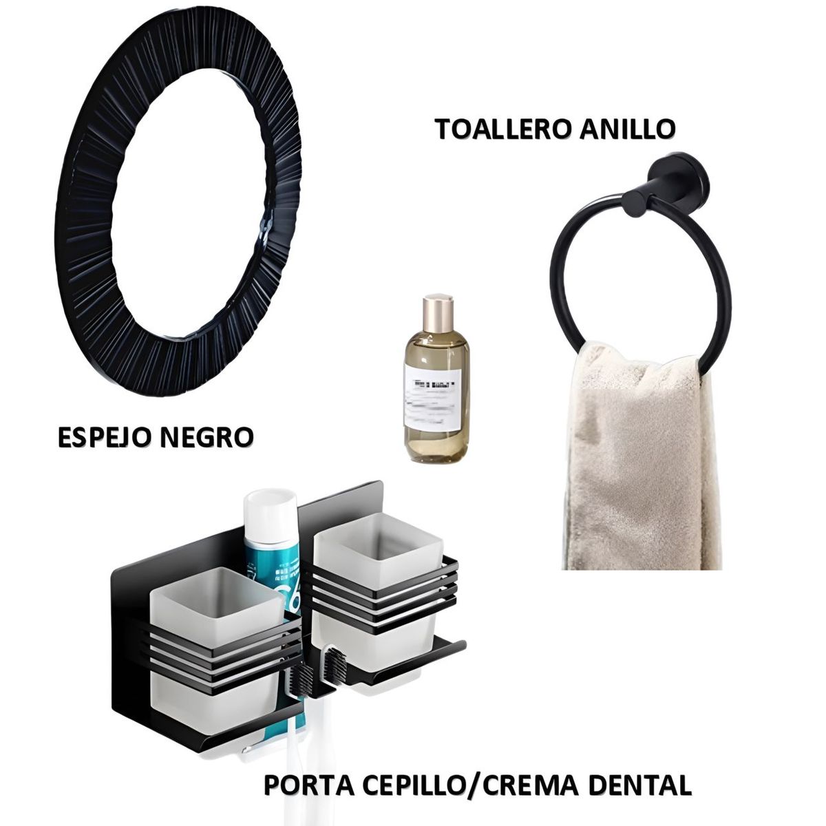 IMPORTADO MC - KIT DE BAÑO ESPEJO  TOALLERO ANILLO  PORTA CEPILLO