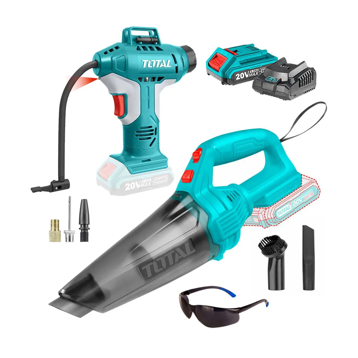 TOTAL TOOLS - ASPIRADORA DE MANO INALAMBRICA + INFLADOR TOTAL 20V CARROS